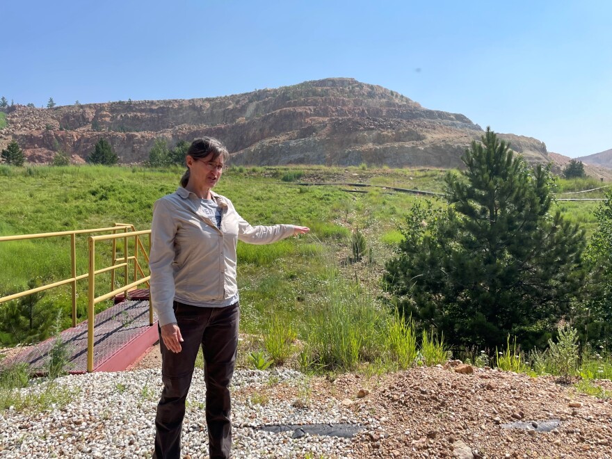 EPA's Joy Jenkins gives a tour of the Gilt Edge Mine superfund site. She points to the benches above Dakota Maid Pit.