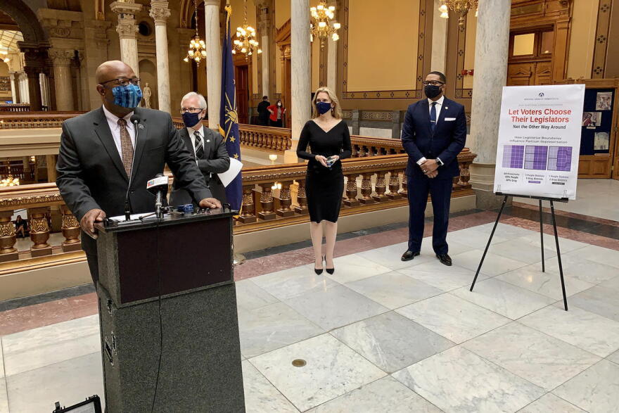 Members of the Indiana Senate Democratic Caucus discuss their call for redistricting reform.