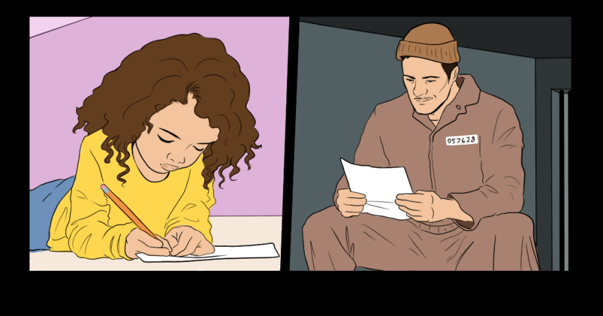 An illustration featuring two panels side-by-side. In the left panel is a little girl with brown curly hair lying on her stomach and  writing on a piece of paper with a pencil. In the right panel is a man in a dark khaki uniform with a number on it and wearing a beanie. He is reading a piece of paper. The image is outlined in black, which also separates the two panels. 