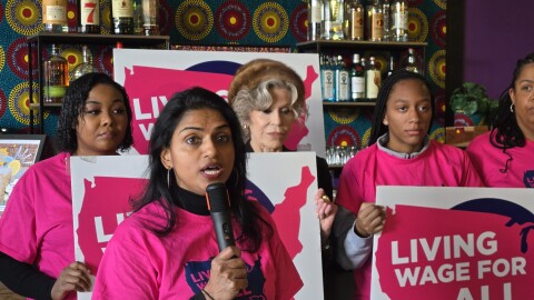Saru Jayaraman with One Fair Wage is a leader in the effort to bring Michigan's minimum wage for tipped workers up to the same level as all other workers. She speaks at a southeast Michigan rally on January 9, 2026.