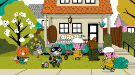 Carl, a grey cartoon raccoon, holding jars with objects he collects, stands outside of his house. Around him are a bunch of other animal characters who are his friends in this animated series. 