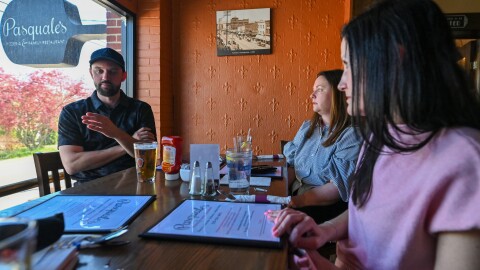 Mike Castellano, United Way of Lackawanna County Special Project Manager, Sara McDonald, Lackawanna County Area Agency on Aging Director and Nicole Flynn of Elan Skilled Nursing and Rehab discuss the Dementia Friendly Dining program at Pasquale's as representatives of Age Friendly Lackawanna.