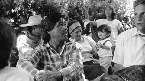Cesar Chavez is shown during a rest period at a school on the outskirts of Sacramento during march, Aug. 1, 1975.