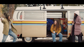 Katie Burrell (center), Jadyn Wong (left) and Chelsea Conwright star in “Weak Layers,” a new ski comedy that Burrell directed and co-wrote. The film draws inspiration from classic ski movies and Burrell’s own lived experience. 