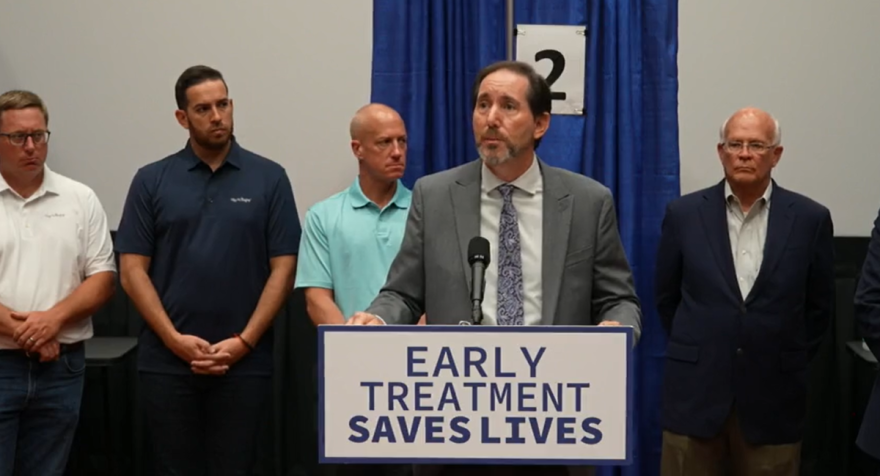 Chief Medical Officer for the Florida Division of Emergency Management, Dr. Kenneth Scheppke, speaks at the opening of a monoclonal antibody treatment site in The Villages on August 25th. Photo: Gov. Ron DeSantis / facebook