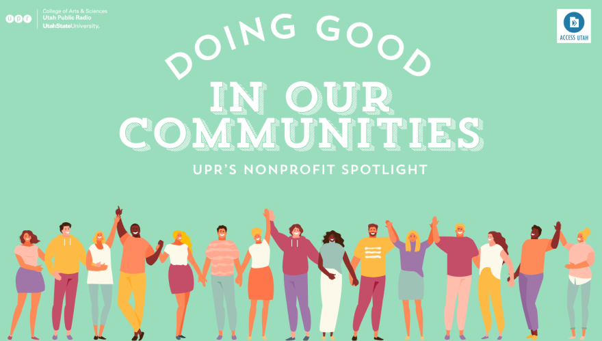 A graphic includes illustrated people holding hands in a line at the bottom. White text reads "Doing Good in Our Communities, UPR's nonprofit spotlight." 