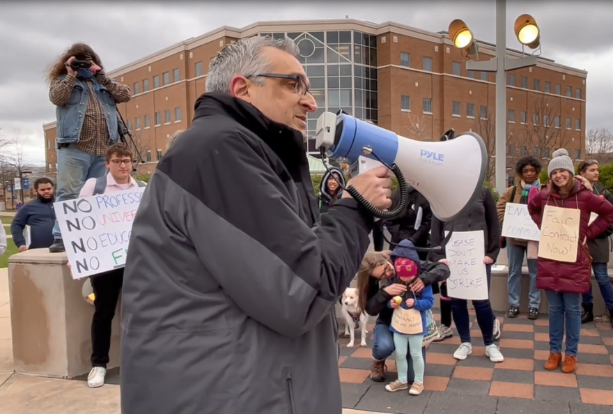 Professor Richard Gilman-Opalsky helped lead a rally of the UIS faculty union
