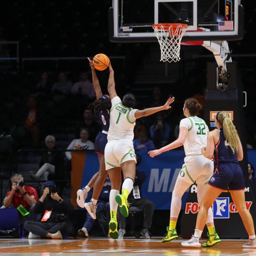 Nyara Sabally (1) set a school NCAA Tournament record with seven blocked shots in the Ducks' 73-70 double overtime loss to Belmont in the 2022 NCAA Tournament on Saturday, March 19, 2022.