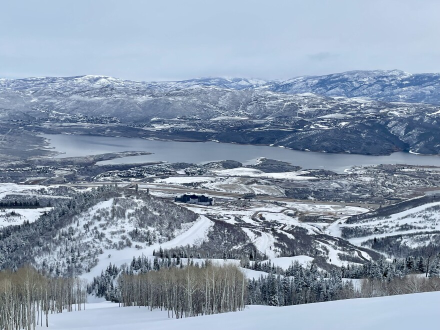 The Deer Valley East Village base can be seen from the resort's expansion terrain, March 2024.