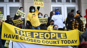 KC Tenants protestors occupy the steps of the west side of the Jackson County Courthouse on Thursday morning to decry eviction hearings in  during the pandemic.