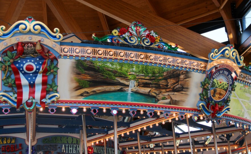 Hocking Hills State Park is depicted on the new carousel at the Ohio State Fairgrounds. The ride was christened July 25, 2026.