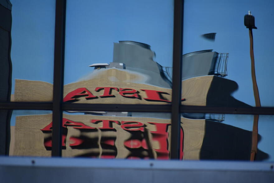 The reflection of the roof of the Indiana State Teachers Association in downtown Indianapolis.