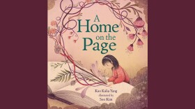 Cover of "A Home on the Page" by Kao Kalia Yang, illustrated by Seo Kim; stylized image of a girl writing in an oversized book with vines and flowers blooming from where the pen touches the page