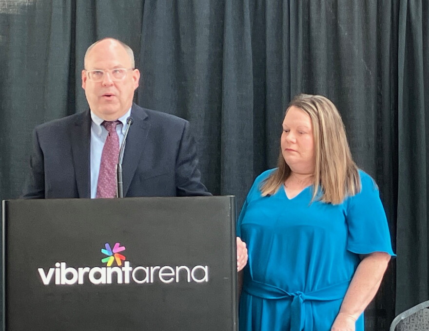 Storm owner John Dawson, with his wife Missy, speaks at the arena press conference on Tuesday morning, Sept. 1, 2026.