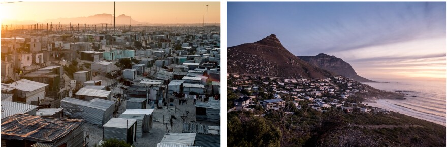 The unequal faces of South Africa: left, shanty dwellings in the township of Khayelitsha; right, homes overlooking Llandudno beach in Cape Town.