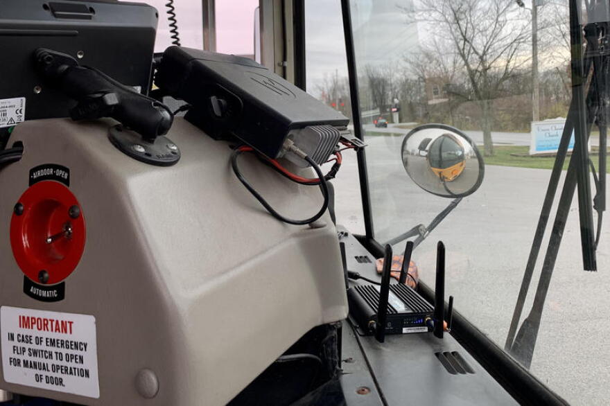 The small Wi-Fi router is placed in the front window of the buses can cover the distance of an average-sized parking lot to provide students and families short-term internet access.