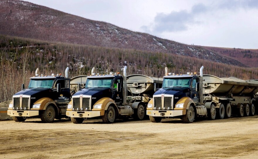 95-foot-long Black Gold Transport trucks haul ore excavated from the Monh Choh gold mine near Tetlin.