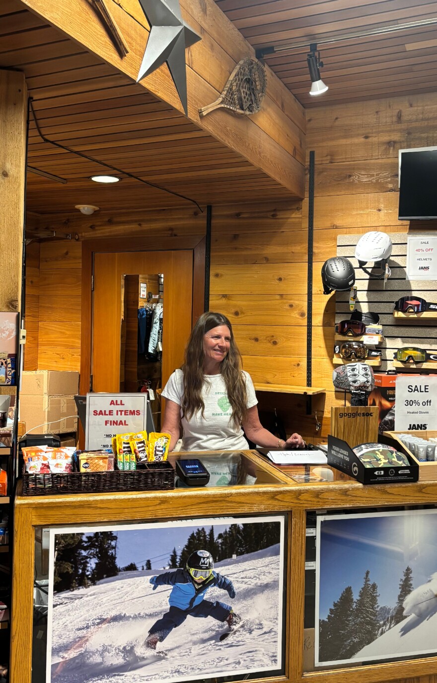 Christine Blatt, a salesperson at the JANS Mountain Sports outlet downstairs in the Silver Lake Lodge on March 28.