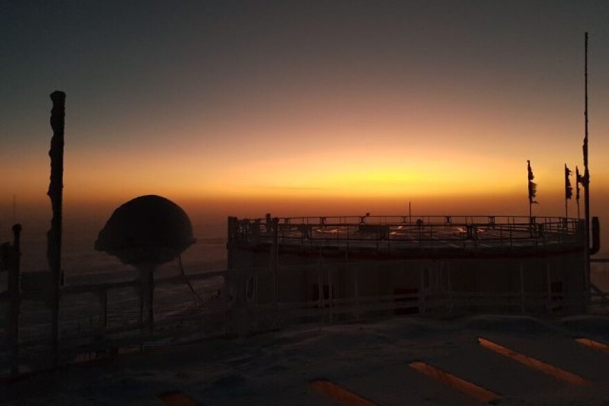 The first sun rays after more than three months of darkness, seen from the roof of Concordia Research Station, Antarctica, in early August, 2018.