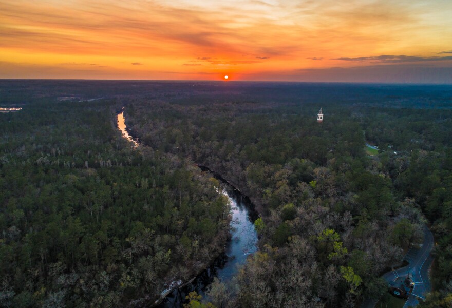 The Suwannee River flowing through White Springs in southern Hamilton County, Florida. The Carillon bell tower at the Stephen Foster State Park is visible in the distance.