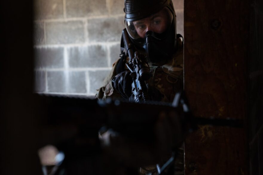 PVT Friberg with the Oregon National Guard's 741st Brigade Engineer Battalion clears a building on March 2, 2019 at Camp Rilea, Oregon.