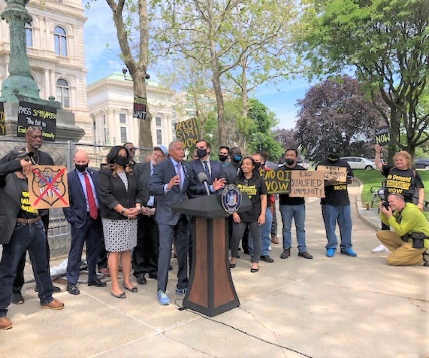 State Sen. Robert Jackson, the sponsor of the bill to end qualified immunity, speaks June 2 at a rally outside the State Capitol.