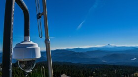 Monitoring camera overlooking forest. 