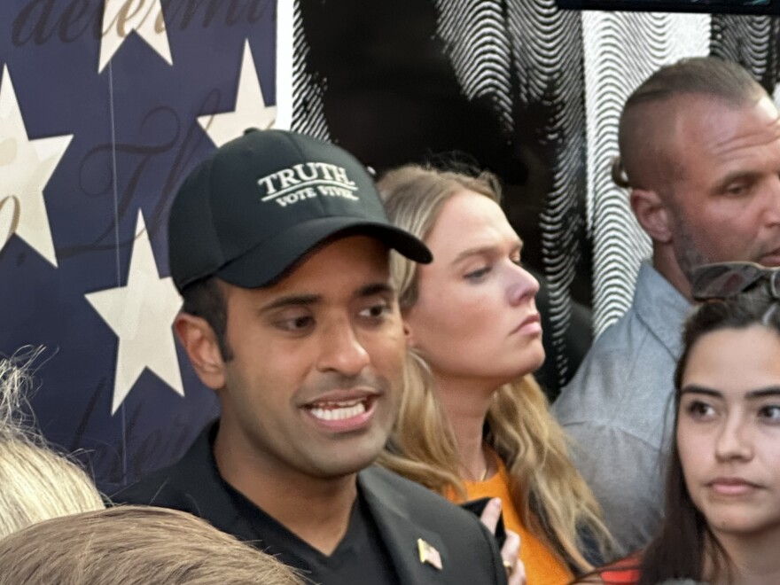 GOP presidential candidate Vivek Ramaswamy speaks to supporters Tuesday evening in Milwaukee.