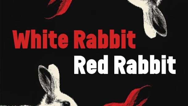 A white rabbit and a red rabbit at the bottom and top of the image with "White Rabbit Red Rabbit" written in the middle against a black background