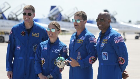Artemis 2 crew members, from left, Mission Spc. Jeremy Hansen, of Canada, Mission Spc. Christina Koch, Commander Reid Wiseman, and Pilot Victor Glover pose for a photo after the crew's arrival at the Kennedy Space Center Friday, March 27, 2026, in Cape Canaveral, Fla.