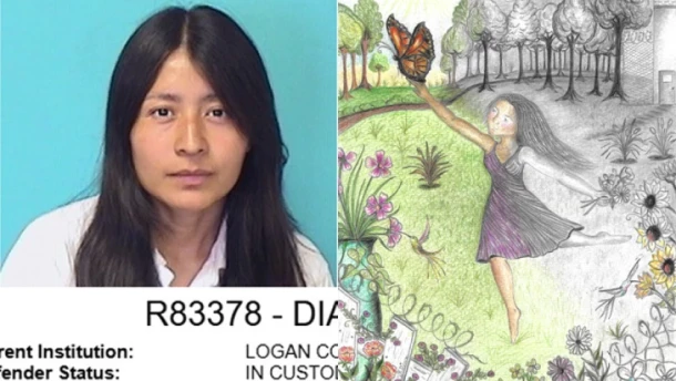 Yesenia Diaz (left), incarcerated at Logan Correctional Center in downstate Illinois, created the artwork shown that was given to Pope Leo XIV by Gov. JB Pritzker and First Lady MK Pritzker during their visit to the Vatican Nov. 19.