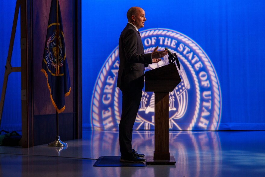 A photo of Gov. Spencer Cox at the weekly news conference. 