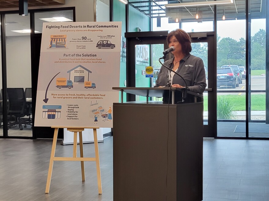 NDAREC Rural Development Director Ellen Huber at a news conference