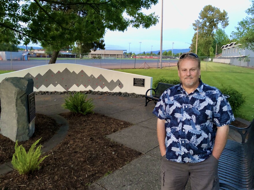 Dan Hagengruber visits the Thurston Memorial and Wall on May 20, 2023. He was among the staff at Sacred Heart Hospital who treated two dozen shooting victims from Thurston High School.