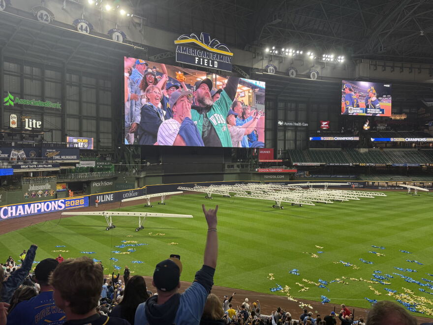 Milwaukee Brewers fans gather at American Family Field to watch the team sweep the Los Angeles Dodgers in Game 4 of baseball's National League Championship Series on Thursday, Oct. 15, 2026. 