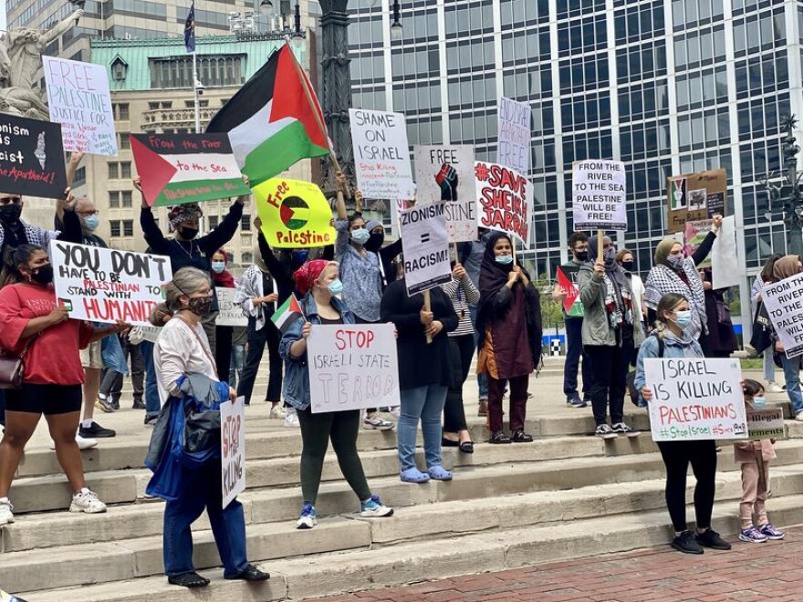 More than 50 people gathered in Indianapolis Tuesday to demand US officials stop funding Israel’s military and pressure the country to end airstrikes in Gaza.