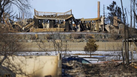 The burned remains of a home destroyed by the Marshall Fire are shown Friday, Jan. 7, 2022, in Louisville, Colo. (AP Photo/Jack Dempsey)