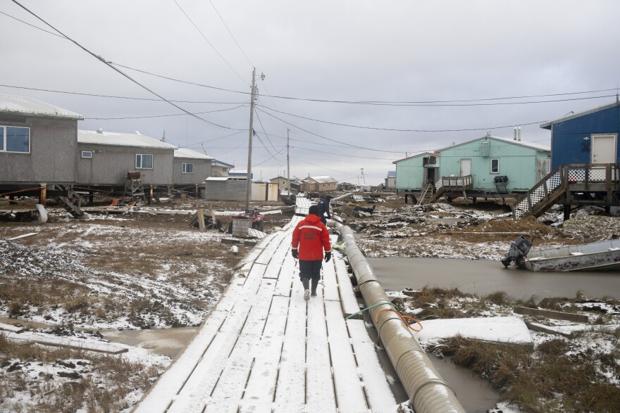 Pollution response teams from U.S. Coast Guard Sector Western Alaska and U.S. Arctic conduct post-storm assessments in Kipnuk, Alaska, Oct. 22, 2025, after the community was impacted by severe flooding from Typhoon Halong. Personnel deployed to affected areas to identify pollution concerns and work with state, federal, and industry partners to conduct clean-up operations. 