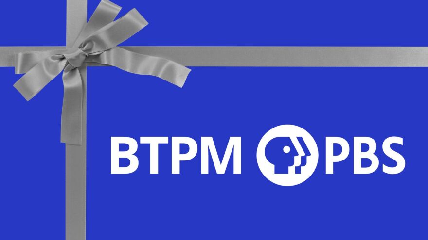 Blue background with a silver bow, tied in the top left corner. In the bottom right is the BTPM PBS logo