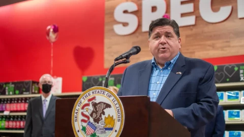 Gov. JB Pritzker is pictured in a file photo at a news conference at Schnucks grocery store in Springfield last year.