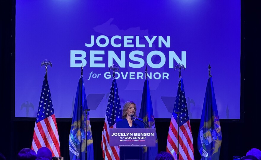 Michigan Secretary of State Jocelyn Benson celebrates her victory in the Democratic gubernatorial primary on August 4, 2026.