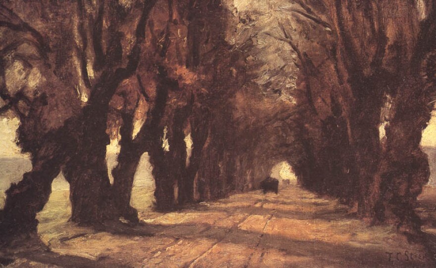An oil painting titled "Road to Schleissheim" by Theodore Clement Steele, depicting a sun-dappled dirt road winding through a dense avenue of trees, with a faint light at the end of the path.