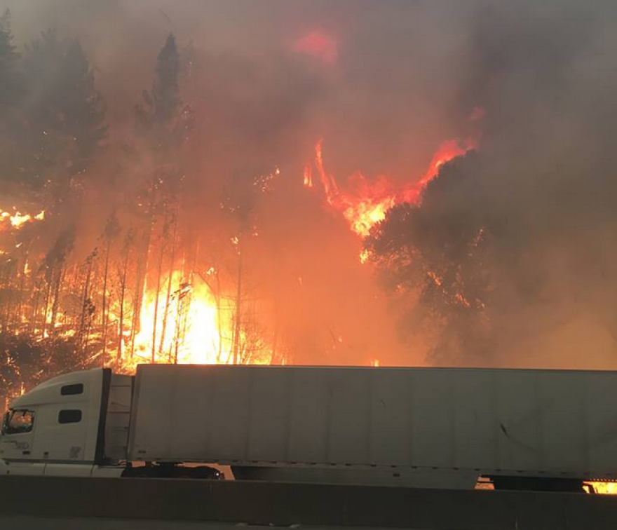 The Delta fire burns next to I-5 in Shasta County, California.
