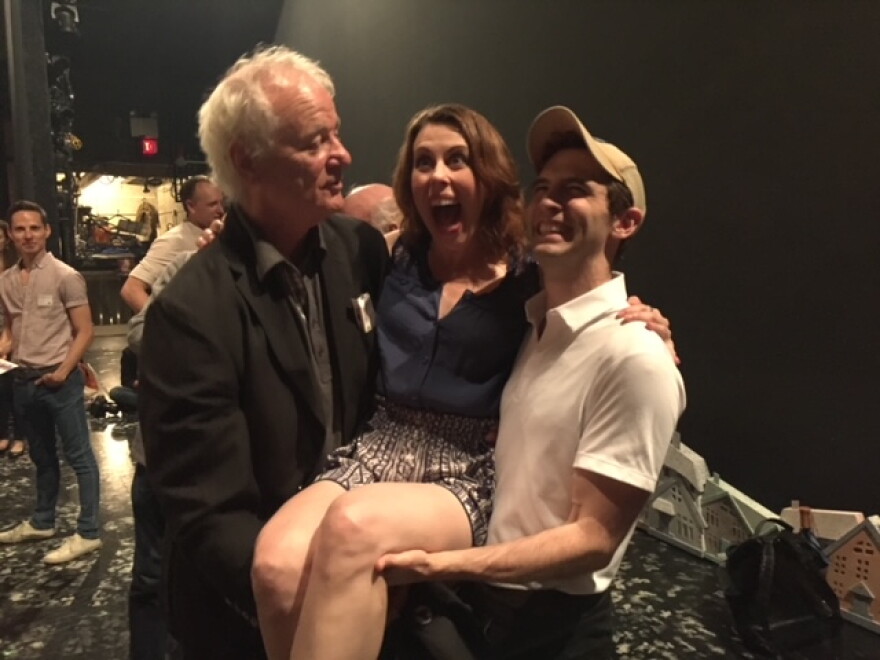 Actor Tari Kelly with Bill Murray backstage in a Broadway performance of 'Groundhog Day.'