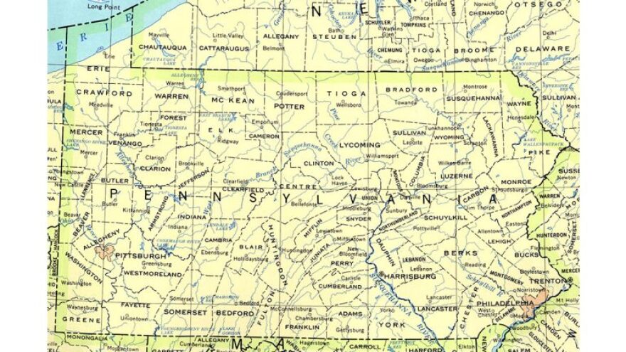 Map of the state of Pennsylvania showing county boundaries and names, county seats and rivers from the U.S. Geological Survey.