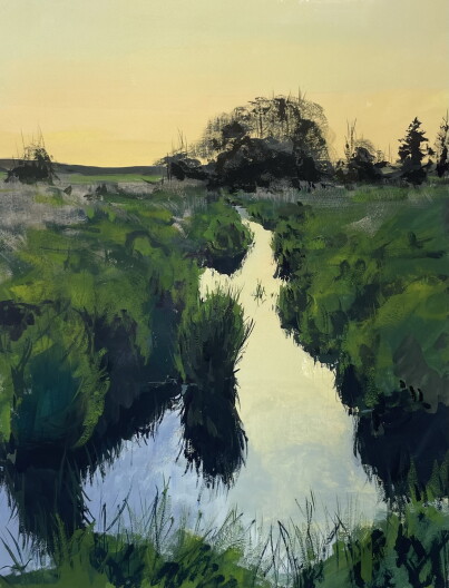 Empty Skies and Full Creeks (South Fork of the Palouse River), Gouache & casein, 2024 by Aaron Cordell Johnson.