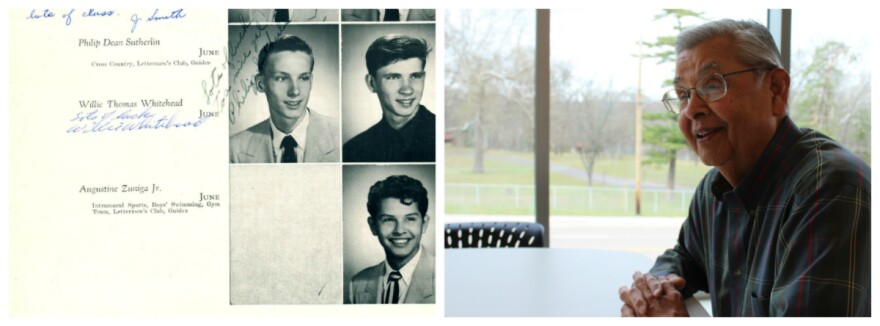 Left: Zuniga's high school yearbook. Right: Zuniga meeting with Daniel Gonzalez.