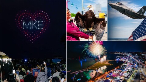 (Clockwise from left) The Lakefront Drone Show, Valkyrie the Bald Eagle, a flyover in Pewaukee and the Summerfest