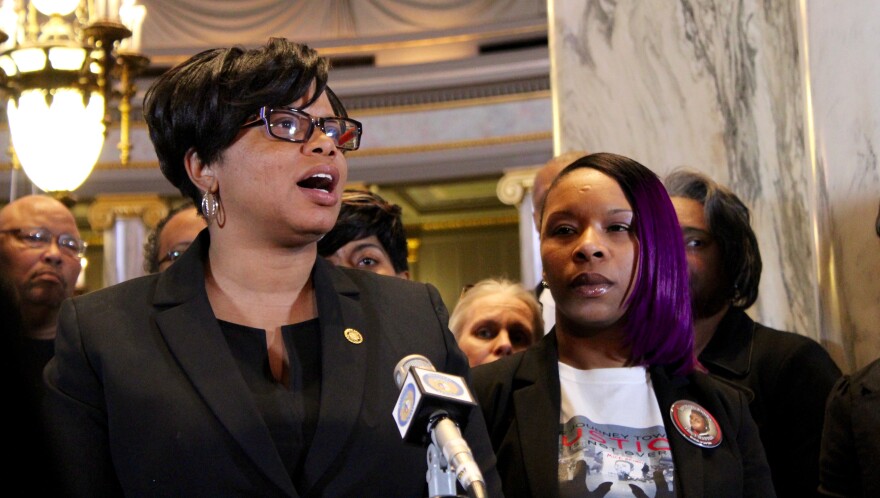 Sen. Jamilah Nasheed, D-St. Louis, speaks at a Wednesday press conference Lesley McSpadden. McSpadden, the mother of Michael Brown, wants the legislature to help expand the use of body cameras for law enforcement.