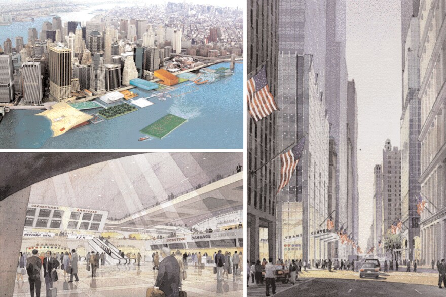 Excerpts from Mayor Bloomberg's "Vision" plan: (top left) a view of an East River waterfront park proposal, with sea-level ice skating rink and hydroponic garden, by Rockwell/Diller + Scofido; (bottom left) a conceptual view of the interior of the proposed Lower Manhattan transportation terminal; (bottom right) a view of proposed improvements to Broadway, including an MTA transit hub.